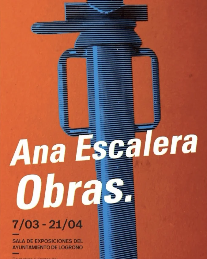 Cartel naranja y azul de la exposición Ana Escalera Obras en Logroño